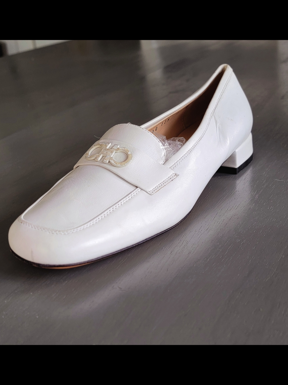 Salvatore Ferragamo White Leather Gancini Block Heel Loafers Square Toe 8.5 D